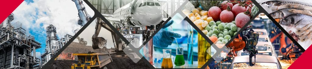 Mix image of an industrial factor, remote contruction site, loading an airplane, scientist working with chemicals, frozen vegetables, making cars and frozen fish.